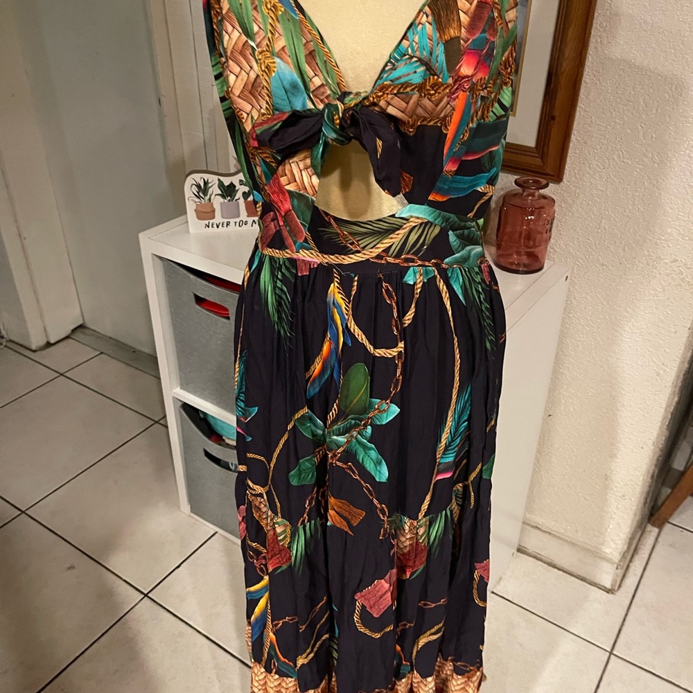 Anthropologie Black Tropical Print Maxi Dress